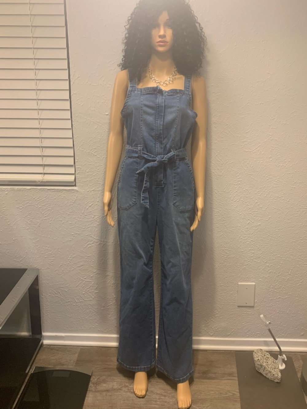 Celebrity Pink Blue Denim Belted Wide-Leg Overalls